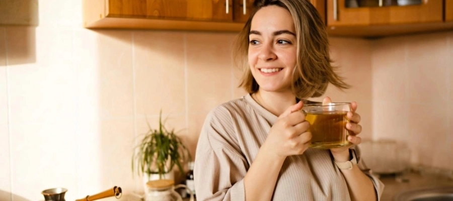 Imagem do post mulher na cozinha com um sorriso segurando uma xícara de chá