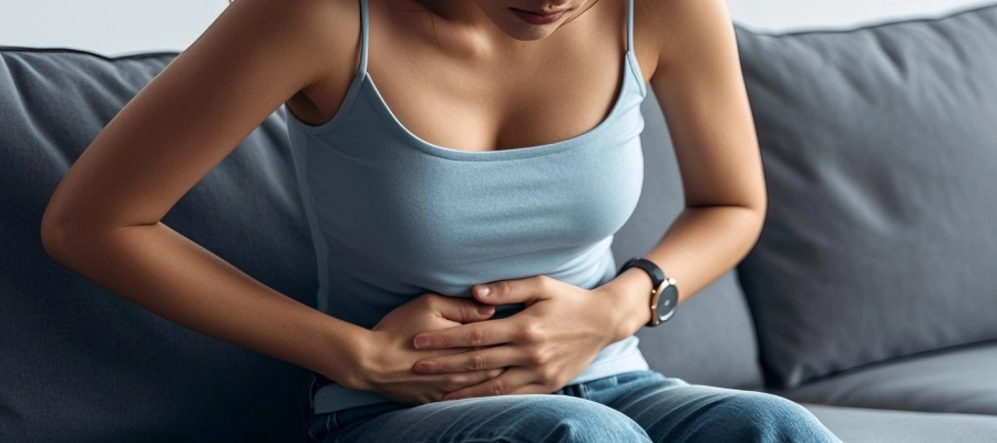 mulher com desconforto no sofá precisa saber se a dor é gases ou apendicite