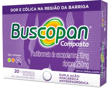 Embalagem do Buscopan Composto, da caixa roxa. Medicamento une Butilbrometo de escopolamina com Dipirona. Esse é um dos tipos de Buscopan com função analgésica, pois possui Dipirona na fórmula.<sup>4</sup>
